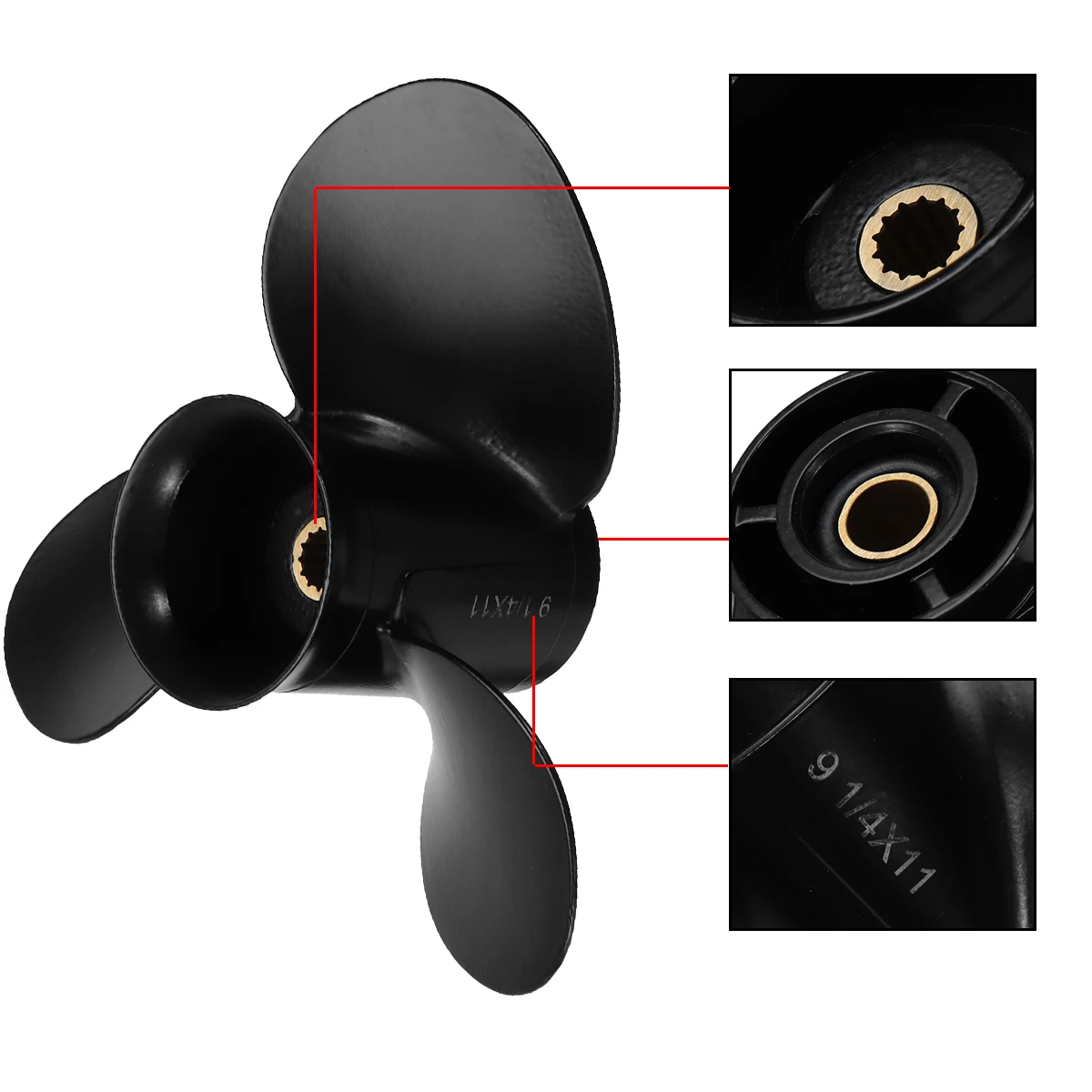 For Johnson/Evinrude/OMC 8-15HP 174817 / 778773 Aluminum Alloy 9 1/4 x 11 Outboard Propeller Black 3 Blades 13 Spline Tooth