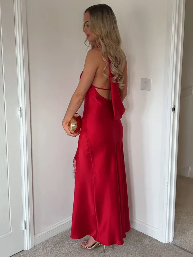 Fashion Women Lace Splicing Long Dress Elegant Hem Slit Solid Evening Dress Sexy Halter Neck Sleeveless Backless Summer Dress