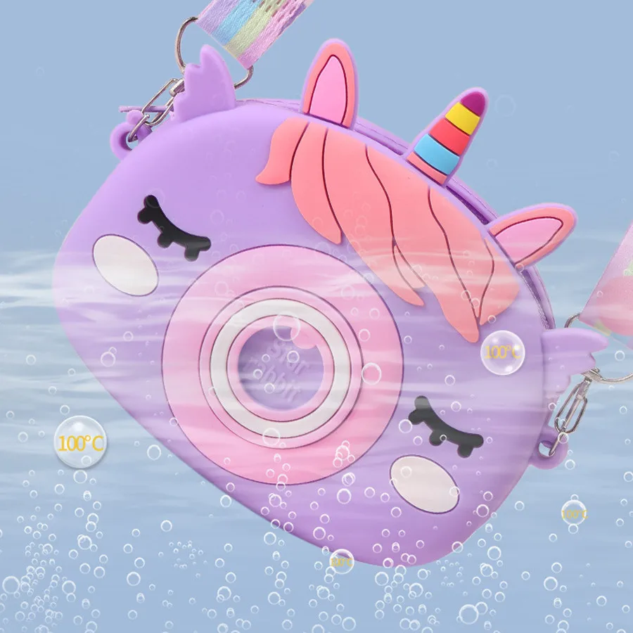 New children\'s unicorn camera coin purse, cute silicone waterproof children\'s crossbody bag, cute design, bright colors