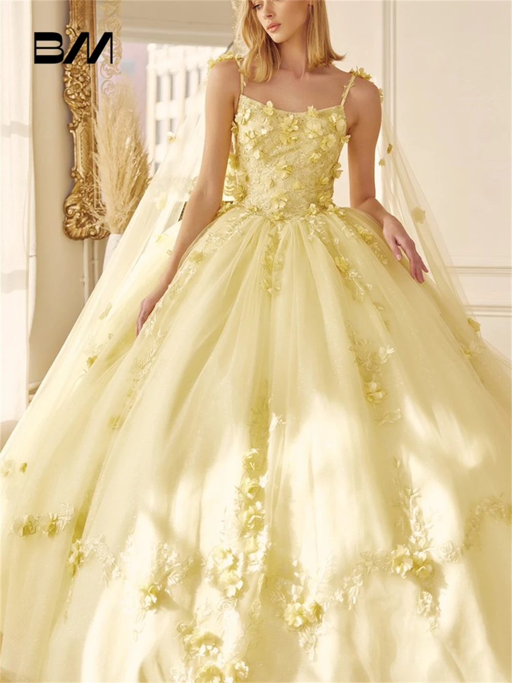 Lemon Yellow Quinceanera Dresses, Ball Gown, Women Sweet 15 16 Dress, Cocktail Dresses, High Waist Tulle With Flower Appliques