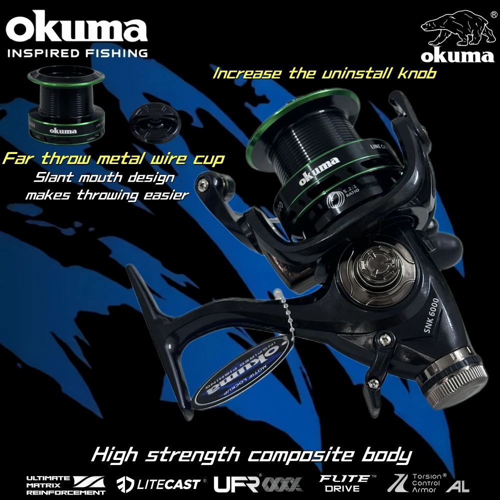 OKUMA Spinning Reels Fishing Reels, long throw line cup carp sea pole wheel ,Front and rear brake dual release Speed Ratio 5.2:1