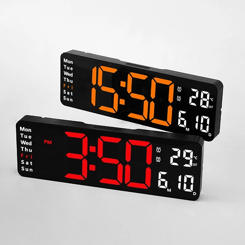 Digitale Wanduhr 13 Zoll mit Fernbedienung, Temperatur-, Datums- und Wochenanzeige, Power-Off-Memory, Tischuhr, Wandmontage, Dual-Alarm, LED-Uhr