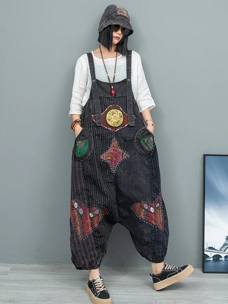 Fashion Retro Embroidered Patches Pockets Loose Jumpsuits Autumn Women's Autumn Streetwear Patchwork Straight Wide-leg Trousers