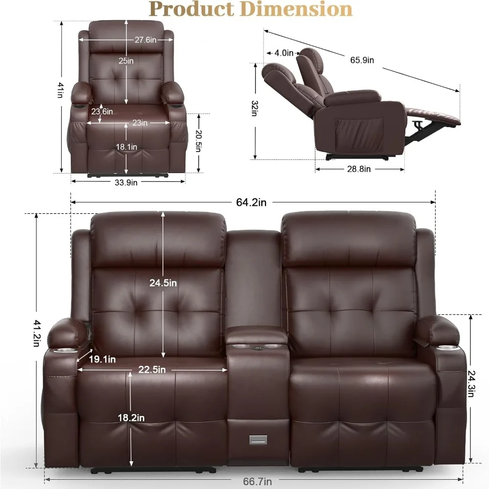 Recliner Sofa Sets, Massage Reclining Loveseat Sofa Heavy Weight Capacity, 1 Single Power Recliner Chairs Heat & Massage