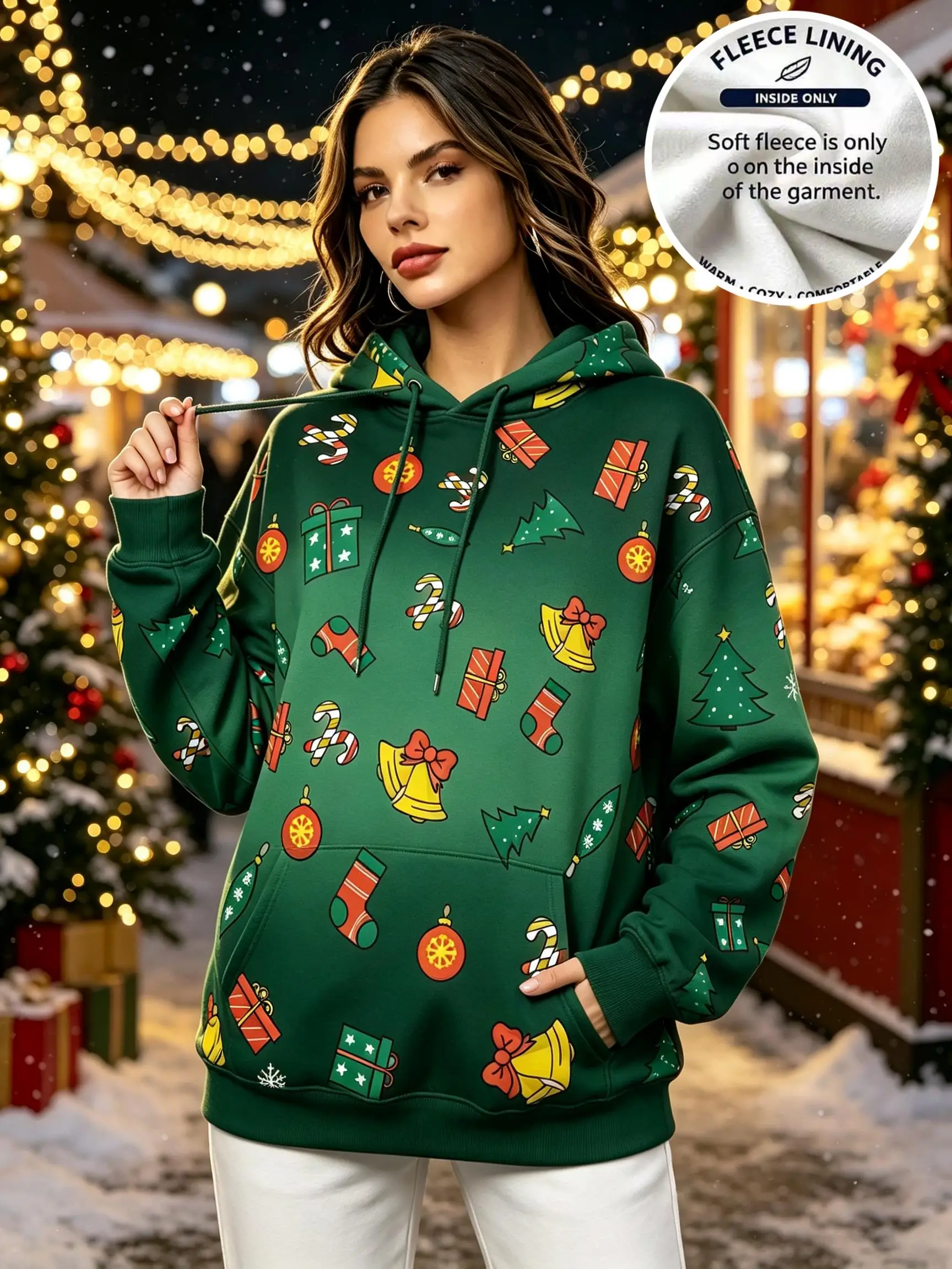 Women Christmas Allover Xmas Tree Gift Snowman Gingerbread Candy Cane Fleece Hoodie Red Gradient Pocket Sweatshirt