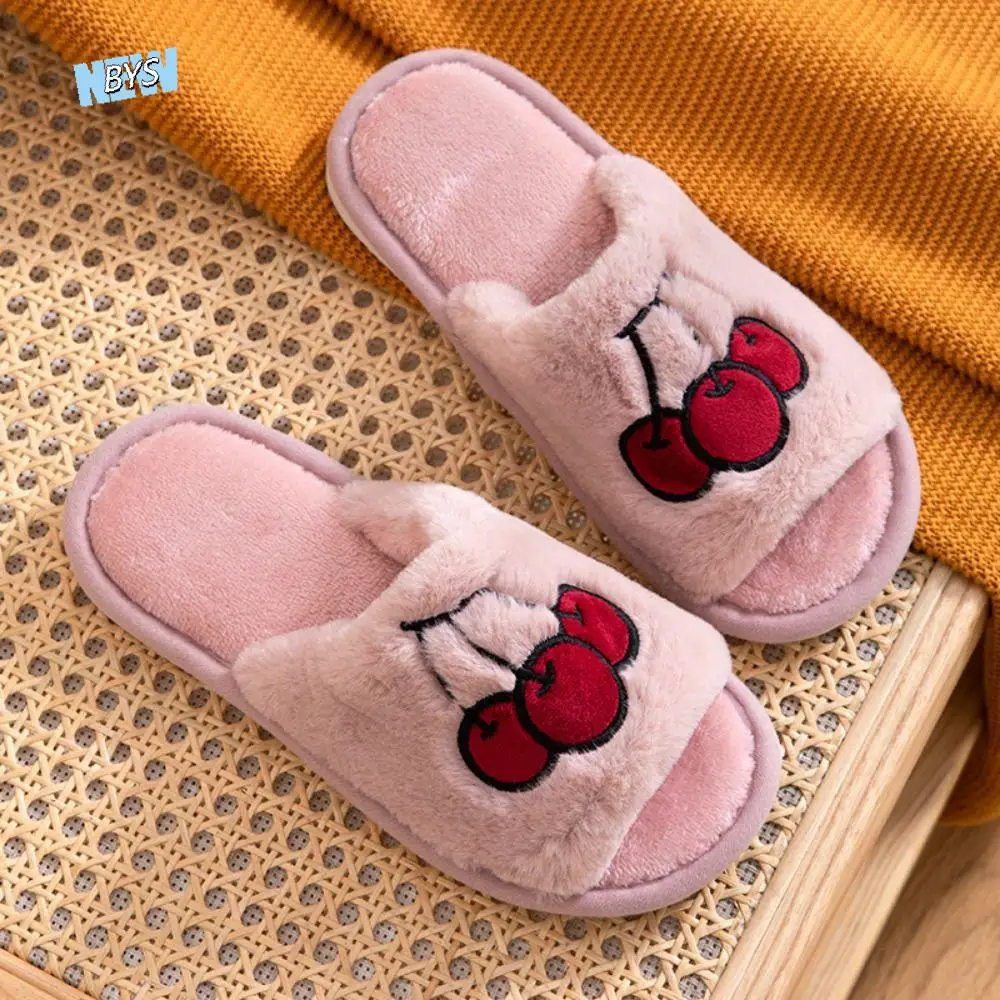 

1Pair Casual Plush Cotton Fruit Fluffy Slippers Embroidered Open Toe Fuzzy Women Slipper Warm Soft Indoor Footwear Autumn Winter