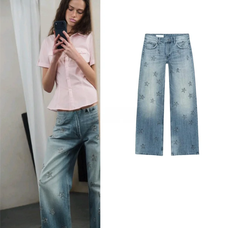 

Новинка весенней коллекции: Женские джинсовые брюки с низкой посадкой, широкими штанинами, на молнии, с декором из страз, в повседневном стиле, модные и удобные.