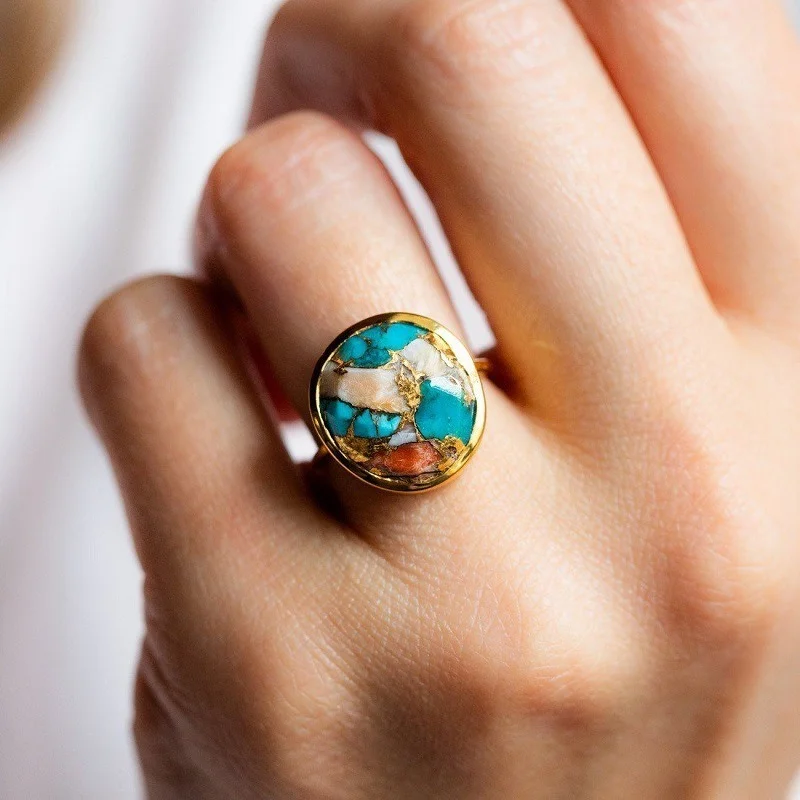 Jianjie Elegant Women\'s Colorful Stone Inlay Rings Golden Edged Vintage Banquet Charming Ladys New Ring Jewelry Accessories