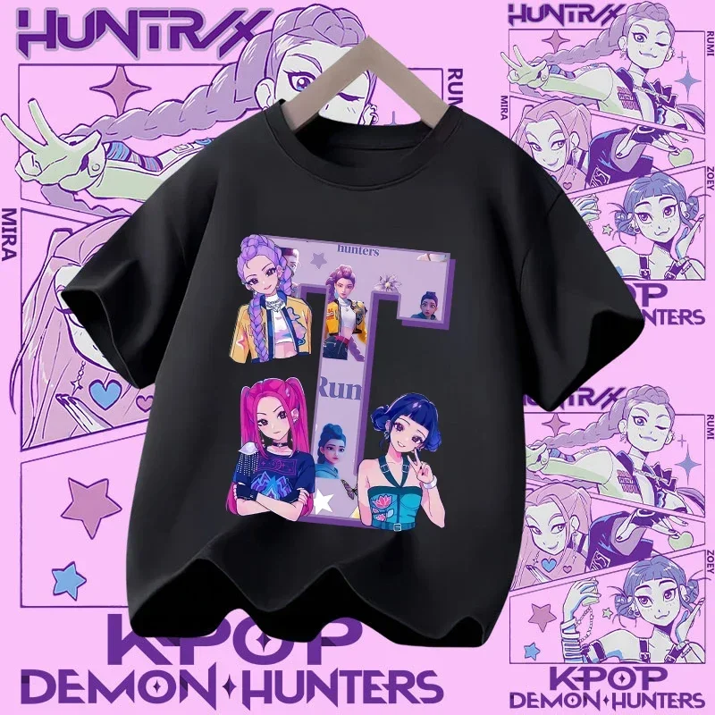 Children's Cotton T-Shirt, Girls' Sports Shirt, K-Pop Demon Hunter 2026 New Summer Short-Sleeved Casual Top, A-Z Letters