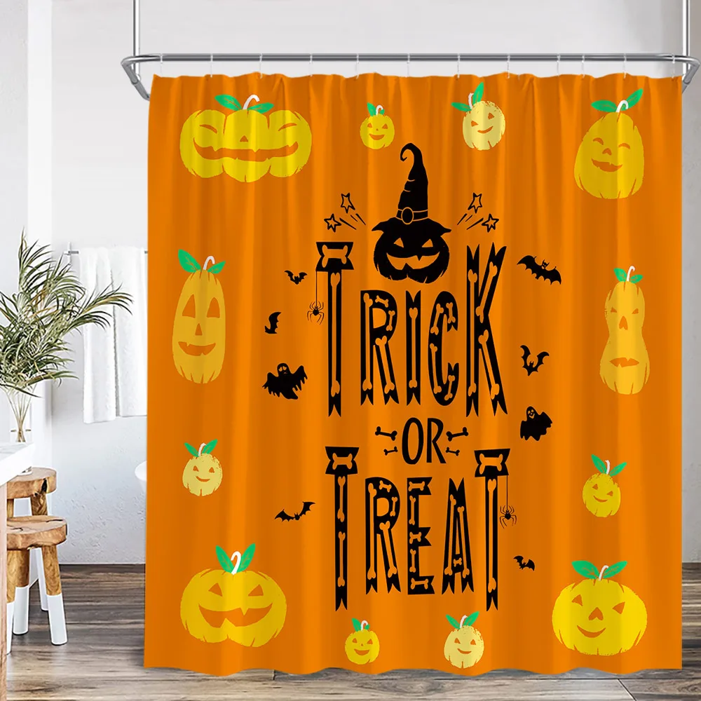 

Happy Halloween Orange Shower Curain Картонная коробка Призрак Тыква Кошелек или жизнь Декор для ванной комнаты Хэллоуин Вечеринка Занавеска для ванны с крючком