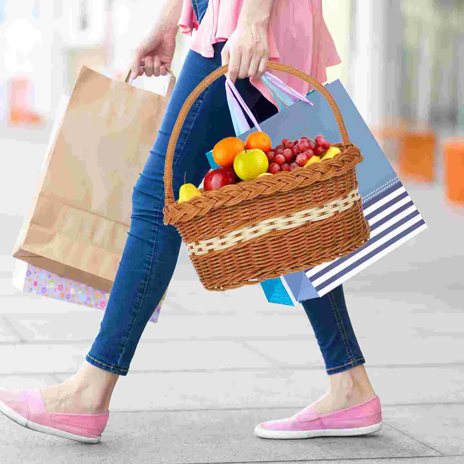 

Storage Basket Hand Woven with Handle Picnic Hand-made Vegetable Party Bread Baskets