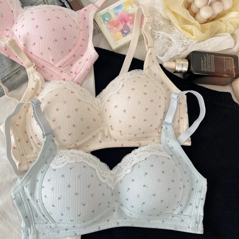 Sweet Floral Lingerie for Women, Small Chest, Gathering, Thin Breathable, Wireless, Side Fat Collecting, Youthful Student Bra