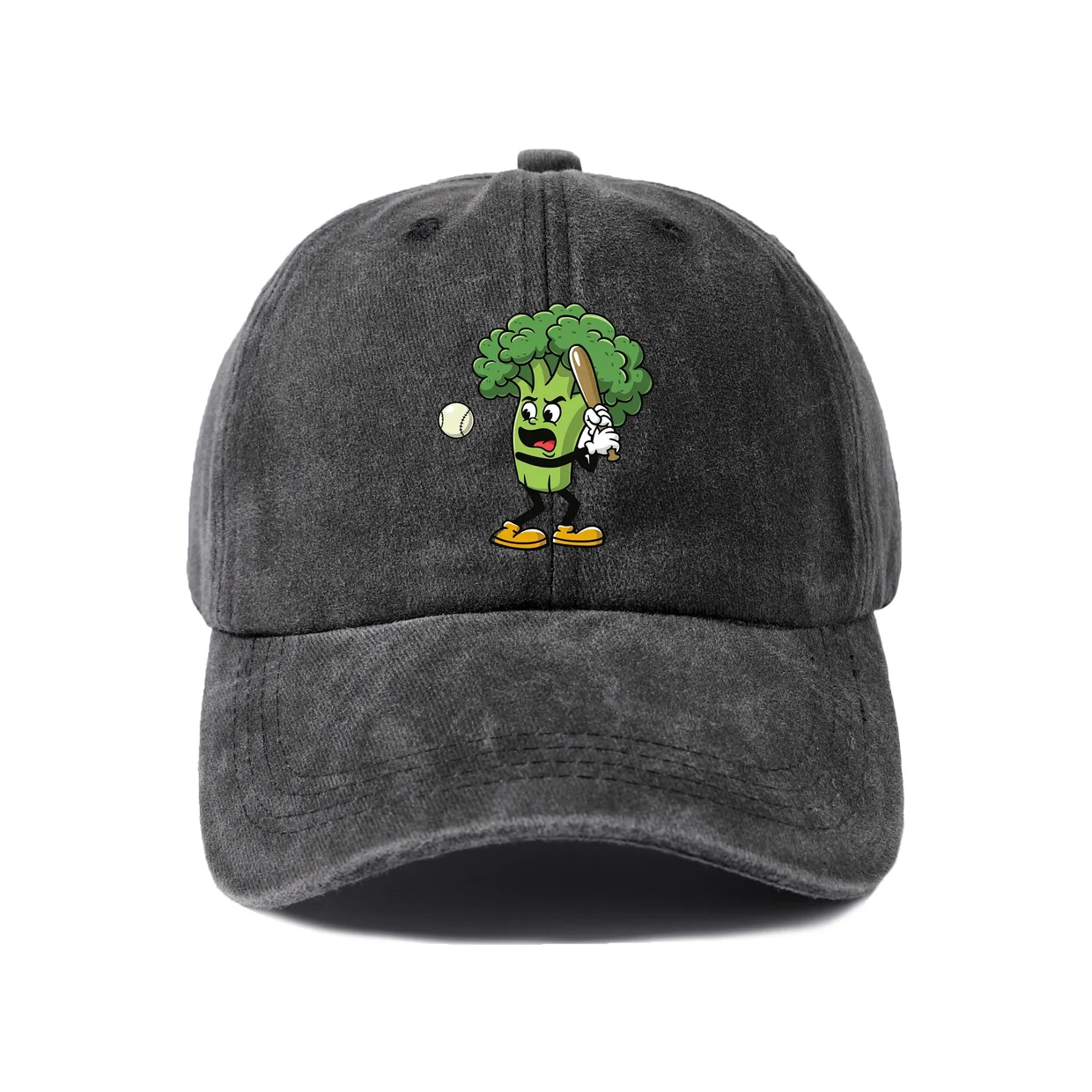 Funny Broccoli Character Graphic Baseball Cap, Vintage Washed Adjustable Unisex Dad Hat, Everyday Gift