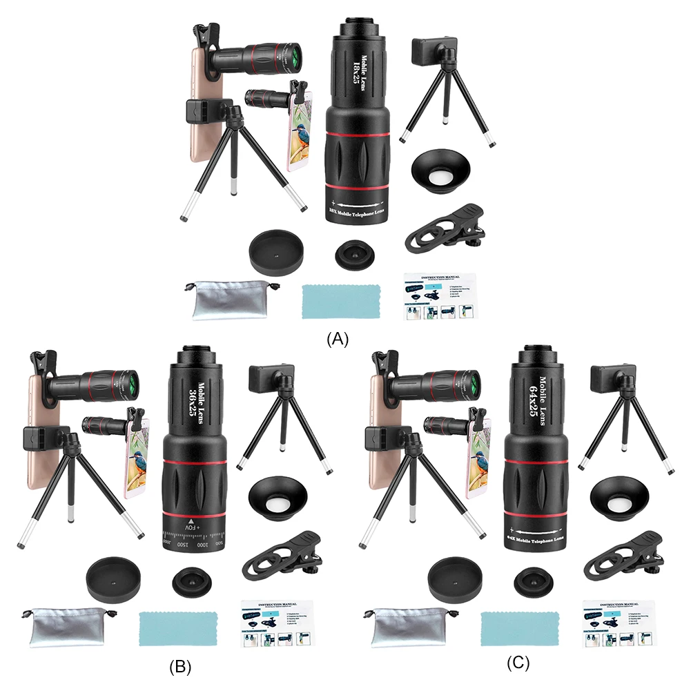 18/36/64X Phone Camera Lens with Tripod Universal External Zoom Camera Lens Long Focus Telephoto Lens for Android and iPhone