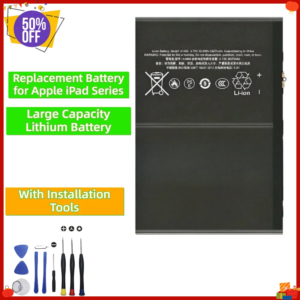 Large Capacity Li Battery for iPad 6/Air2,iPad5/Air,iPad 10.5 Mini1 Pro9.7 pro11 Pro12.9(6nd) Pro12.9 Gen2 with Repair Tools