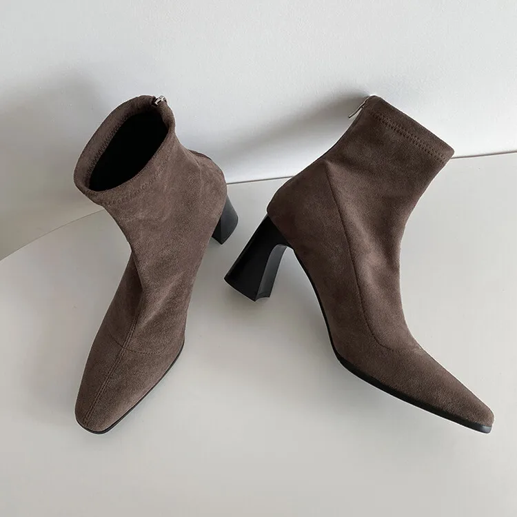 

Vintage Brown Stretch Suede Women Ankle Boots Square Toe Autumn Elastic Sock Botas Back Zipper Chunky High Heels Party Botines