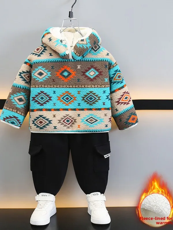 

Faionable Thiened Winter Set for Boys with Hoodie And Fce Two-Piece Casual Sportswear Teenagers Clothing