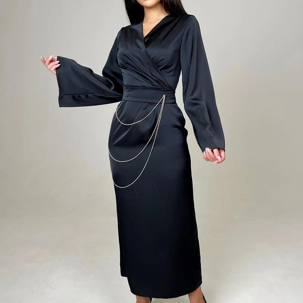 

Dubai Evening Caftan Dress Long Sleeves Jersey V Neck Straight Ankle Length Pleats Solid Black Dresses For Formal Occasions 2024