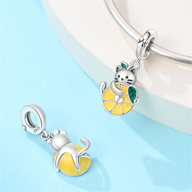 Hot Sales 925 Sterling Silver Lemon Cat Charms Beads Fit Original Bracelet DIY For Women Birthday Cute Popular Jewelry Gifts