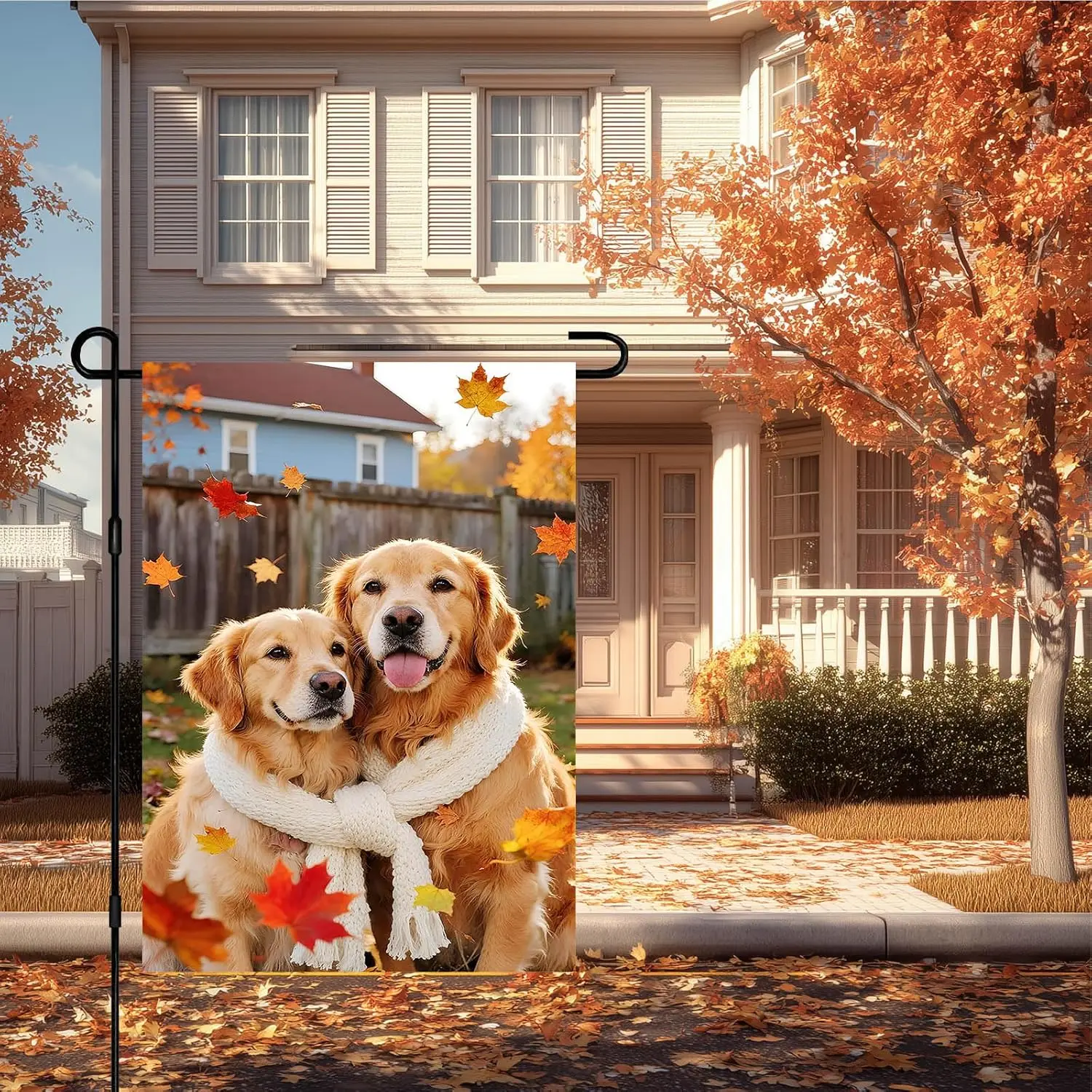 IVN Fall Garden Flag 12x18 Inch Double Sided Two Golden Dogs Scarf Autumn Leaves Thanksgiving Yard Flag for outside Home Fro SSL