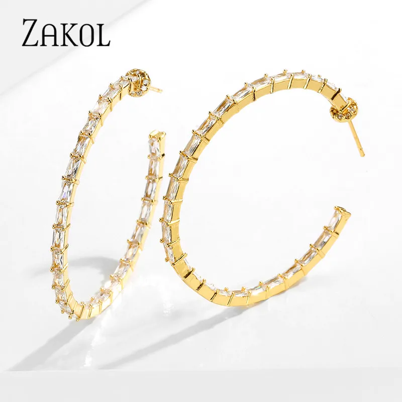 ZAKOL Fashion Gold Color Big Circle Shaoe Hoop Earrings for Women Luxury Baguette Cubic Zircon Earring Ins Korea Party Jewelry