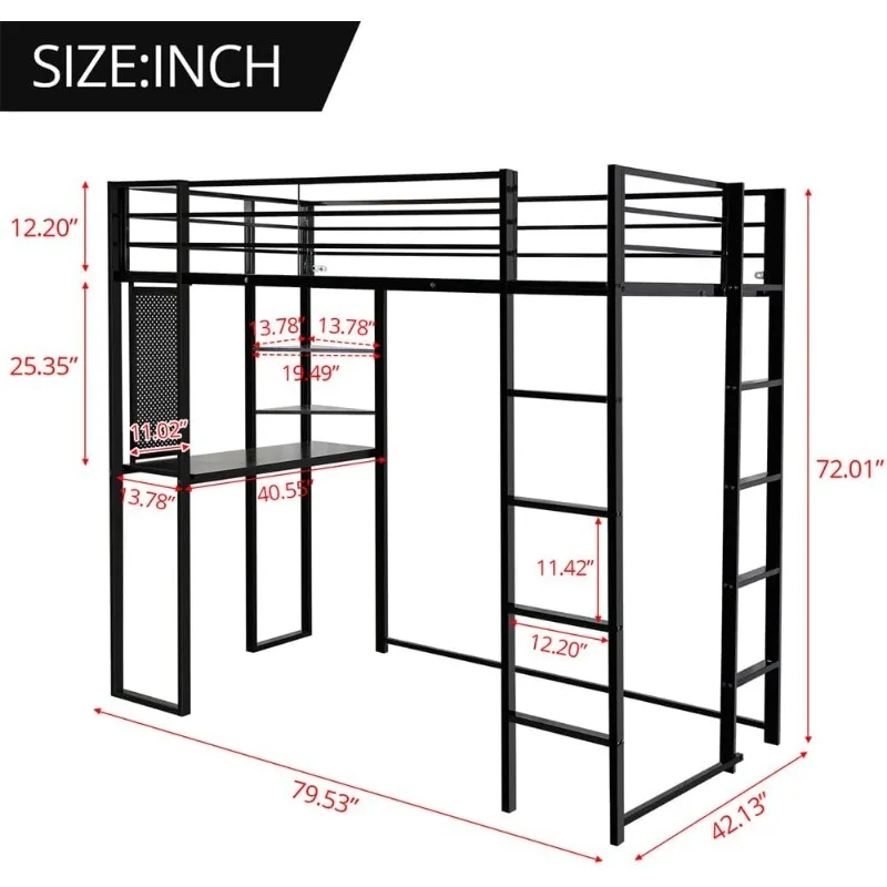 Twin Loft Bed with Desk, Metal Loft Bed Frame with Storage Shelves & 2 Built-in Ladders, Twin Size Loft Bed for Teens Juniors