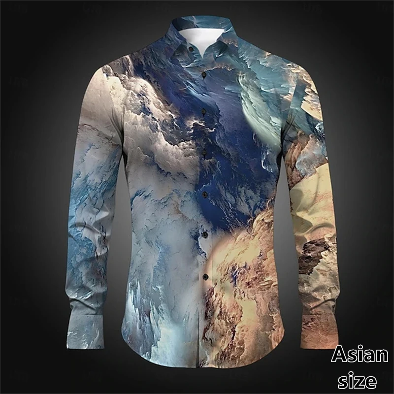 LongHarajuku Mannen Lange Mouw 3D Gedrukt Kleurrijk Patroon Dagelijks Casual Vakantie Lente Herfst Revers Knop Unisex Shirts Top