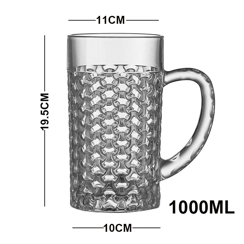 New Arrival 1000ml Large Capacity With Handle Big Patterned Glass Beer Cup Thick Heat-resistant Tea Mug Large Draft Beer Cup