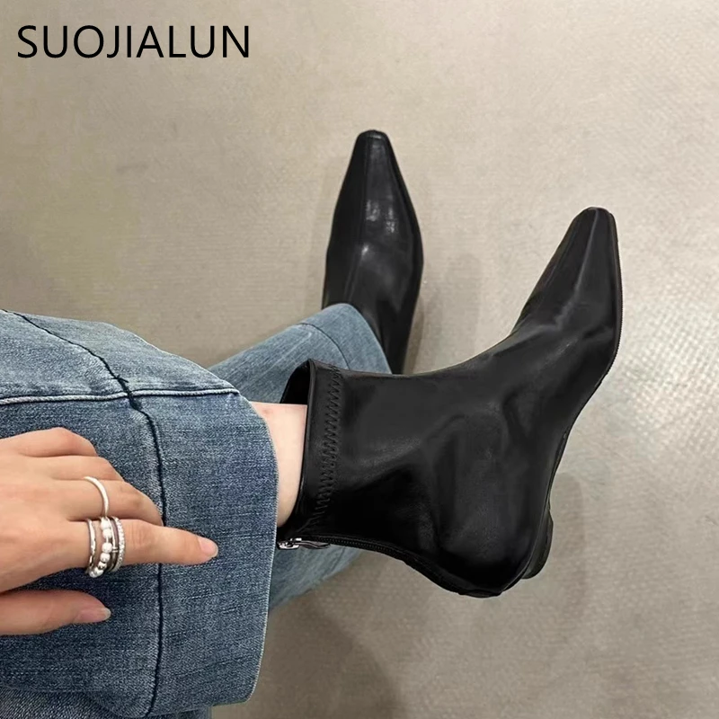 SUOJIALUN 2024 Winter New Brand Women Ankle Boots Fashion Square Low Heel Ladies Casual Short Boots Soft Outdoor Dress Matins-bo