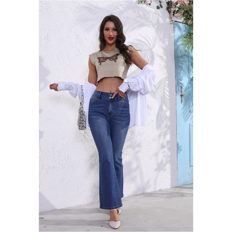 

Women's Summer Stretch Fashion Double Button Multi-Process Pocket Design Slim Flare Pants Slimming Blue Long Trousers