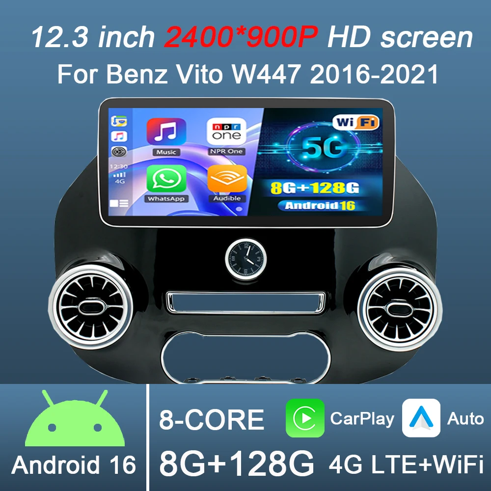 12.3 Inch Android 16 Carplay Auto for Mercedes Benz Vito W447 2016-2021 Car Radio Multimedia Player Stereo GPS WIFI DPS 4G