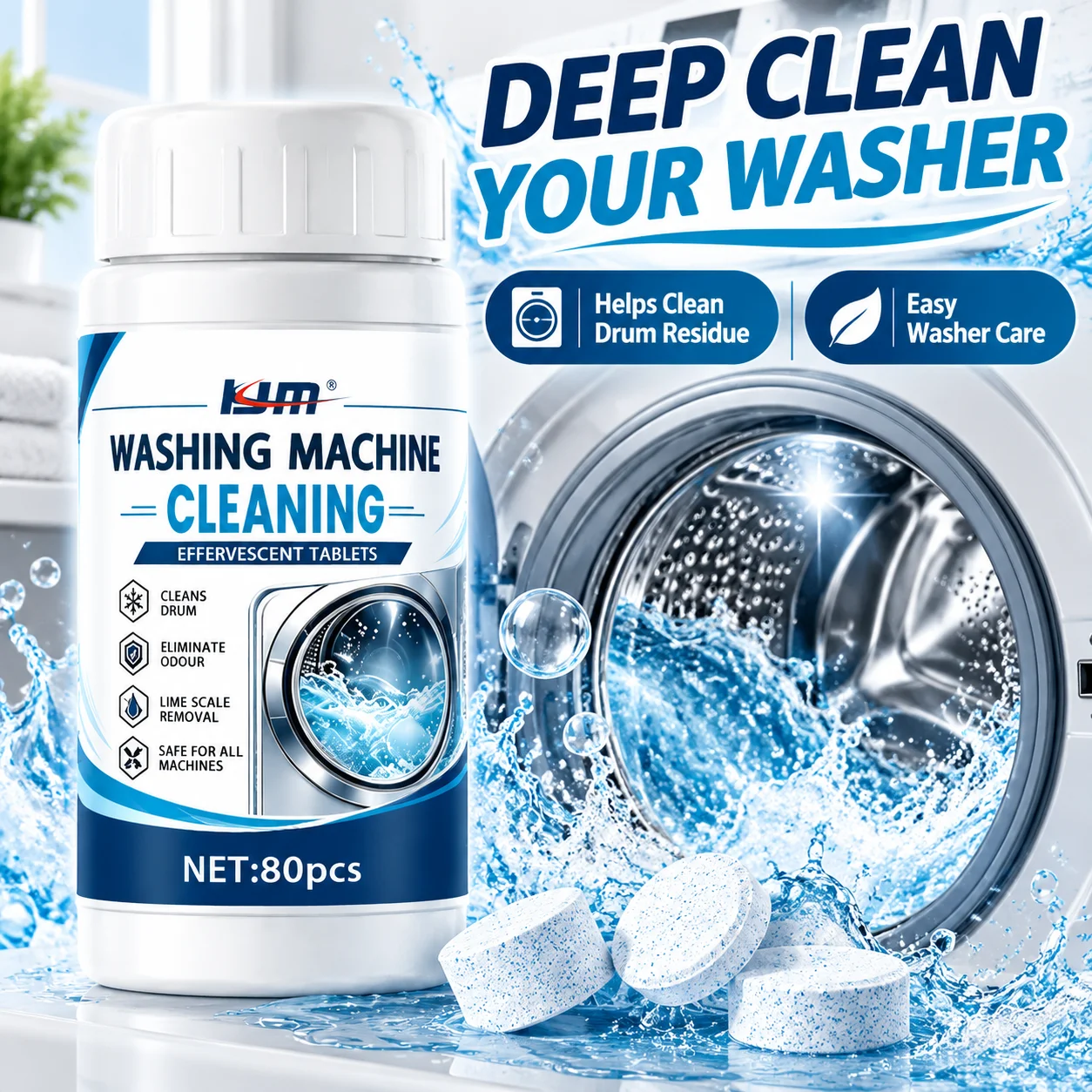 KJM Washing Machine Cleaner Tablets 80PCS, Effervescent Drum Care For Front And Top Load Washers, Odor And Limescale Removal