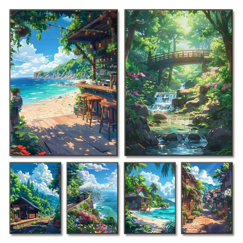 Multiple sizes 1pc frameless Canvas Painting,1pc frameless Canvas Painting Sea Summer Landscape Bar Anime Wall Art Poster Blue C