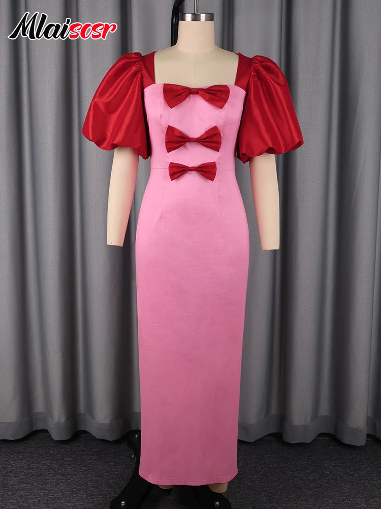 Mlaiscsr Satin Patchwork manches bouffantes nœud moulante rose robes femme col carré a-ligne élégante mariage anniversaire soirée africaine