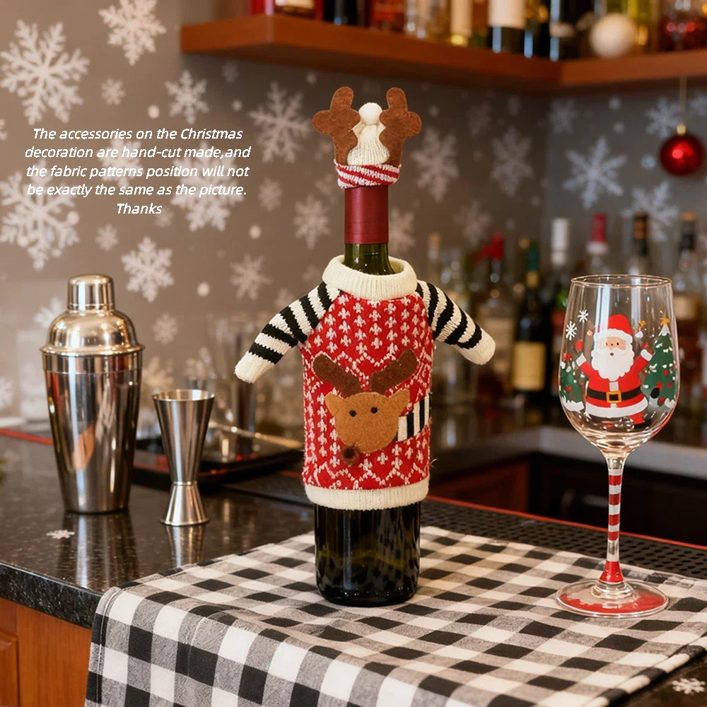 1set/2set Christmas Reindeer Red Wine Bottle Sleeve, Christmas Party Home Restaurant Knit Wine Bottle Sleeve Decor Supplies