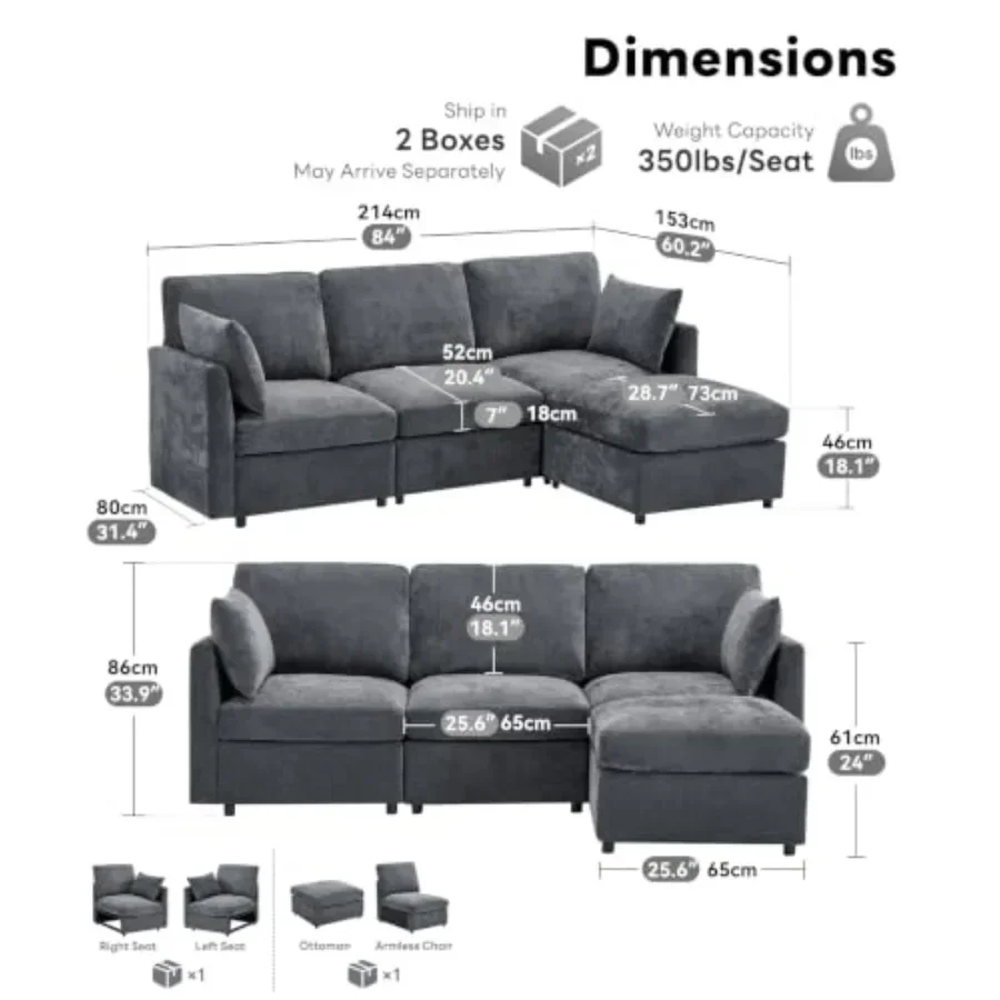 Sectional Couch for Living Room: Modern Chenille L-Shaped Convertible Sofa in Gray with Matching Ottoman, Ultra-Soft Upholstery