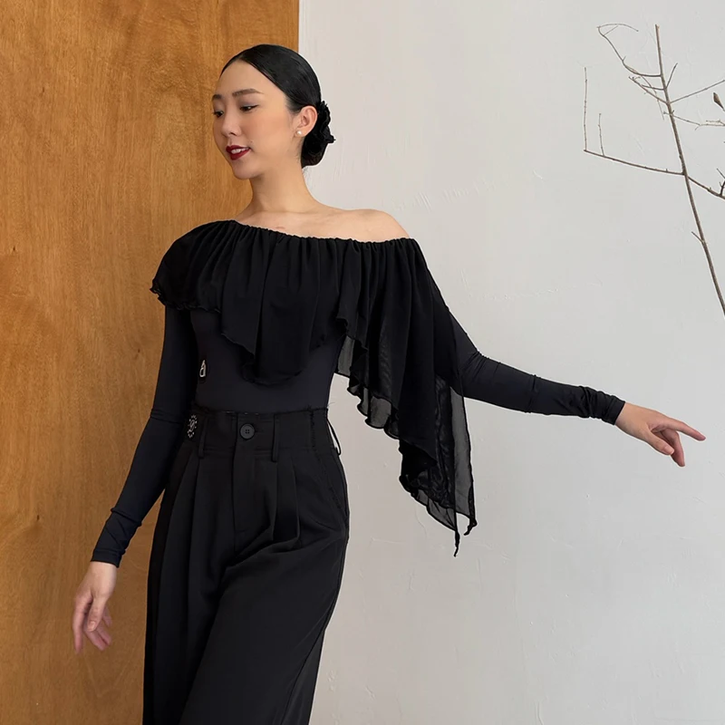 Schwarz Mesh Ballroom Dance Kostüm Frauen Lange Ärmel Bühne Body Erwachsene Walzer Modern Dance Performance Praxis Tops XH2919