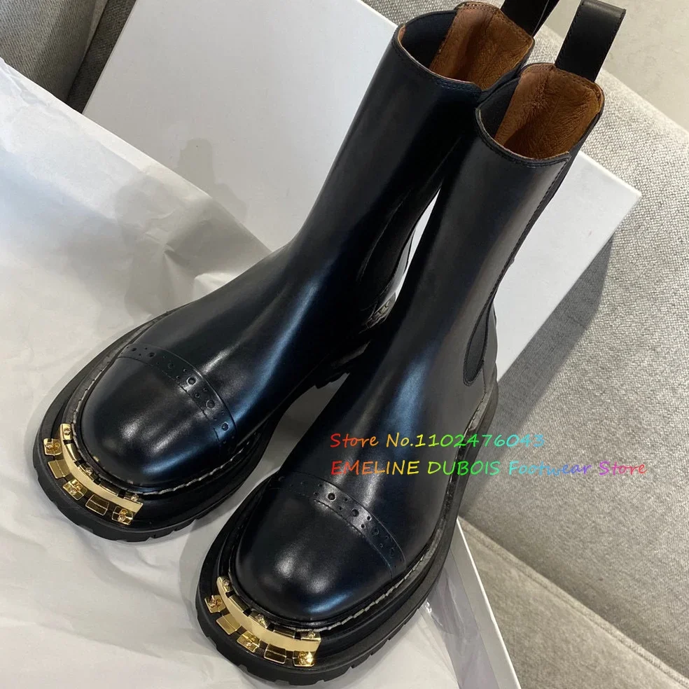 2025 New Autumn Design Black Ankle Boot Fashion Metal Round Toe Ladies Casual Chelsea Boots Shoes Soft Leather Short Boots Women image 2