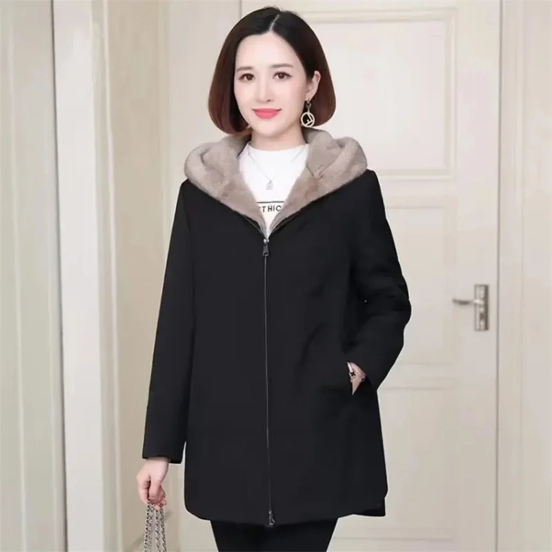 Parkas d\'hiver en fausse fourrure pour femmes, manteau rembourré en coton à capuche optique, pardessus intérieur de sourire de tonte de mouton,