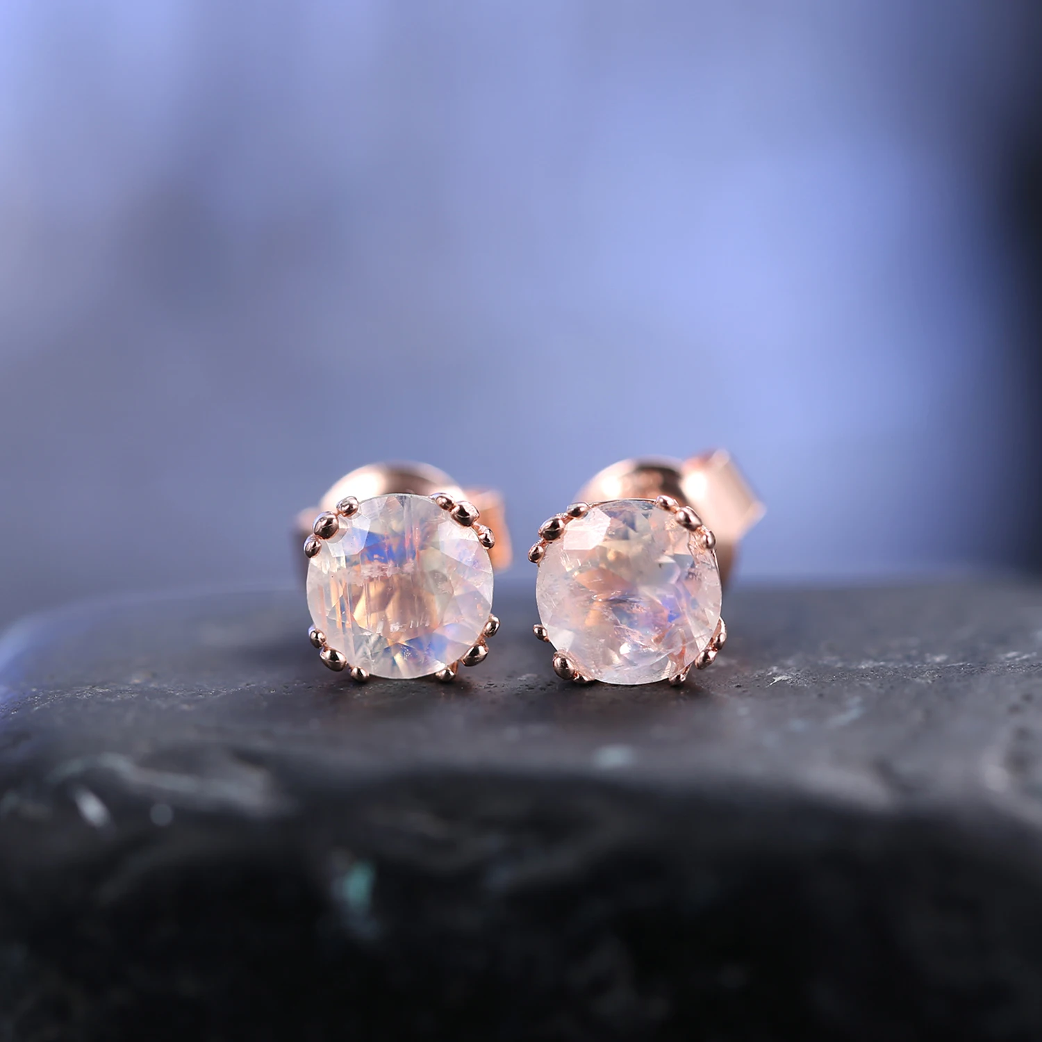 

GEM'S BALLET June Birthstone 6mm Milky Blue Moonstone Classic Studs Earrings in 925 Sterling Silver Women Rose Gold Earrings