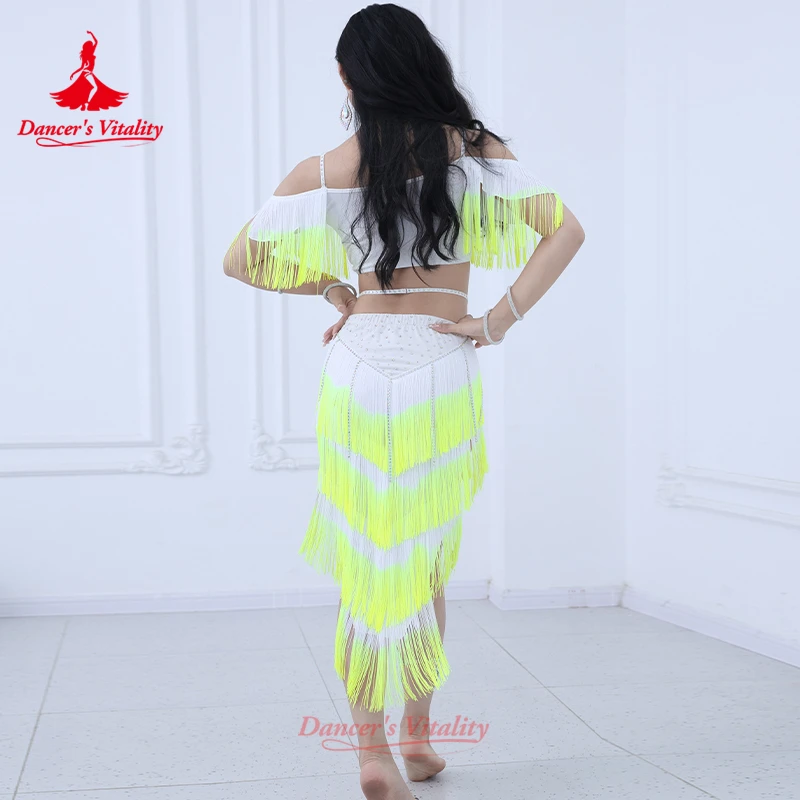 Strój do tańca brzucha dla kobiet, ekskluzywny, seksowny, dwukolorowy, z frędzlami, zestaw do ćwiczeń tańca orientalnego dla dorosłych.