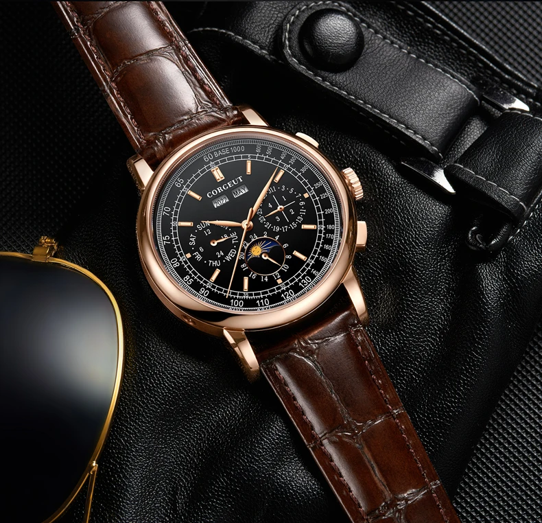 CORGEUT Luxus-Herrenuhr 41mm Automatische Mechanische Uhr mit Lederarmband Saphirglas Anzeige von Jahr, Datum & Woche – Detail 10
