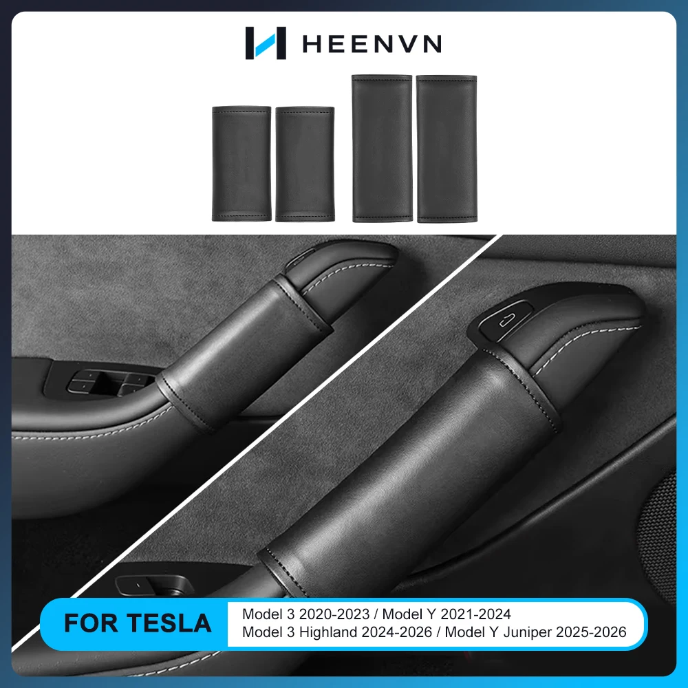 Image of Heenvn 4-teiliger Innentürgriff-Schutz für Tesla Model 3/Y, Model 3 Highland, Model Y Juniper 2026 2025, PU-Lederhülle