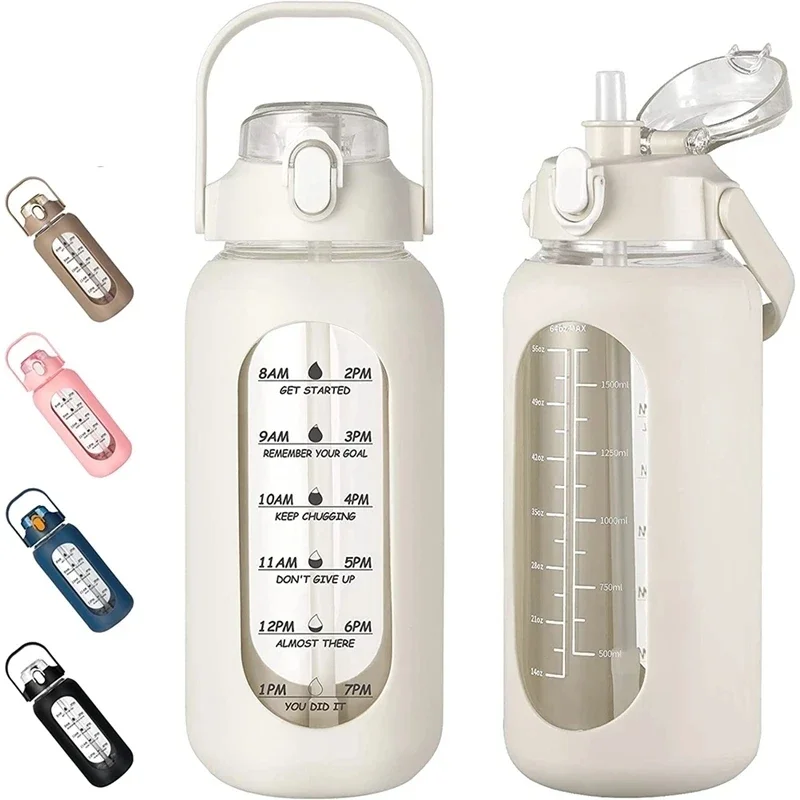 1000ML Glass Water Bottles With Straw, Glass Bottle With Silicone Sleeve And Time Marker, For Gym Camping Home Office