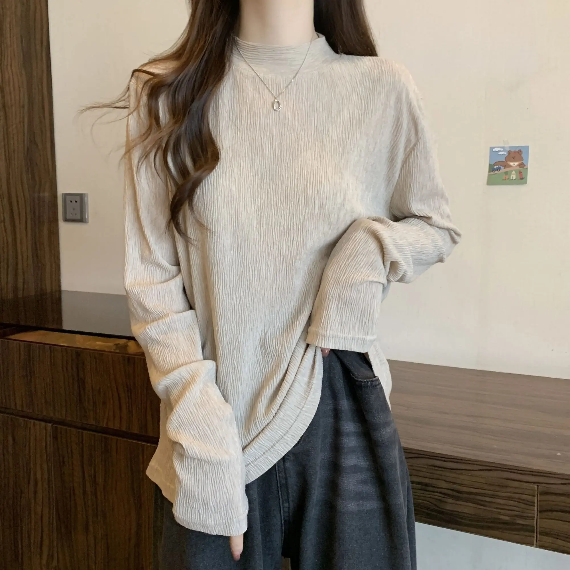 

Fall Texture Women Long Sleeve O Neck T Shirts Fashion Harajuku Simple All-match Casual Inner Top Oversized Clothing Khaki Black