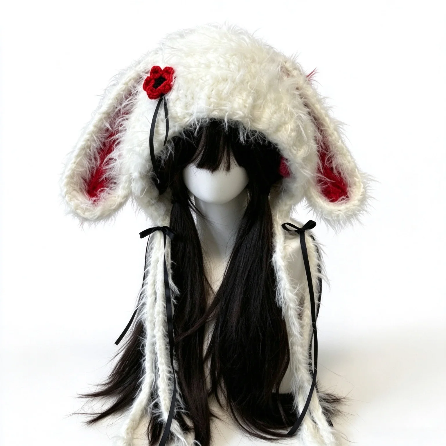 Handmade White Red Bunny Rabbit Ears Hood Hat Women Winter Warm Custom Crochet Floral Bow Knit Beanie Girl Kawaii Cosplay Caps
