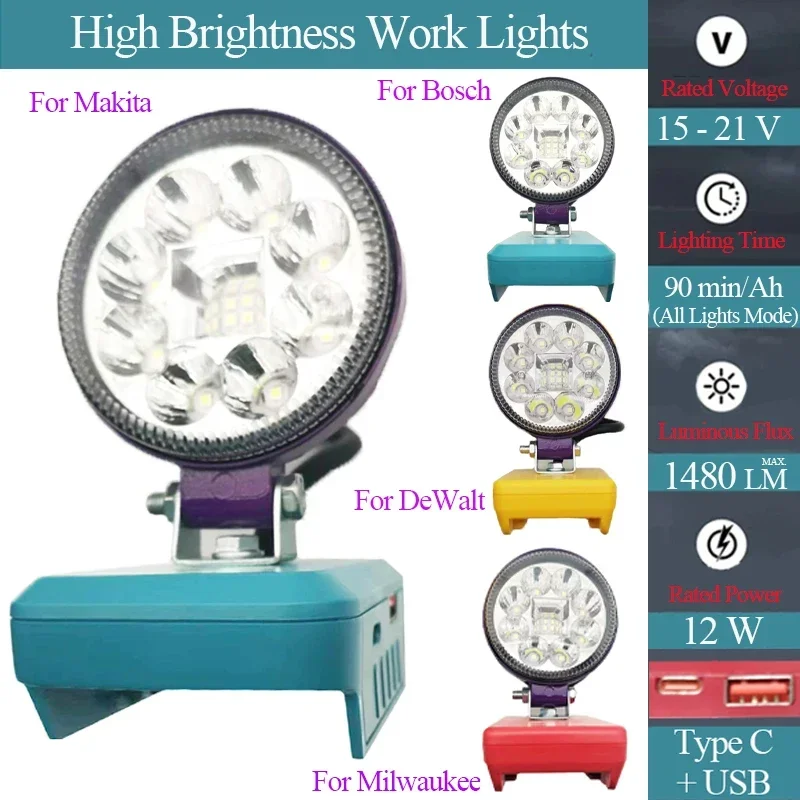 Led Carro Trabalho Lâmpada Luz Lanterna Tocha tipo c Usb Banco de Potência para Makita Dewalt Bosch Milwaukee Bateria 18v 12