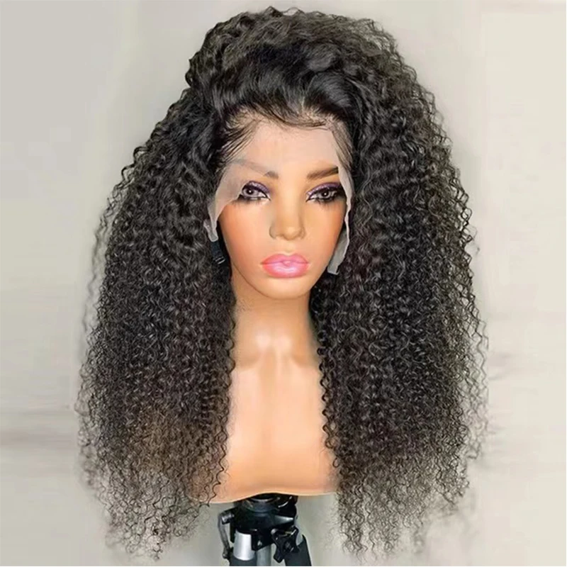 Natural Black Glueless 180Density 26Inch Long Soft Kinky Curly Lace Front Wig For Black Women With Baby Hair Preplucked Daily