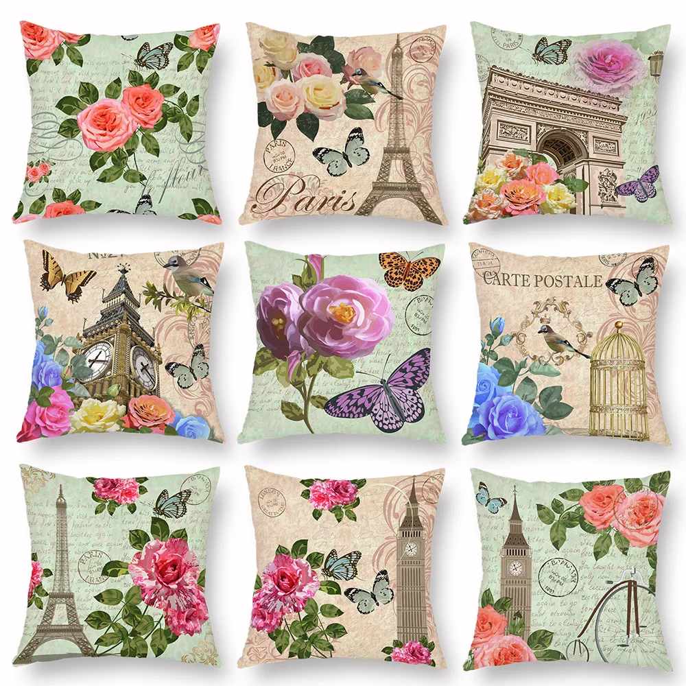 

Spring Flower Pillowcase Pari Tower Pillow Case Sofa Bed Bedroom 45x45 Interior for Home Decor Room Aesthetics Throw Pillow cove