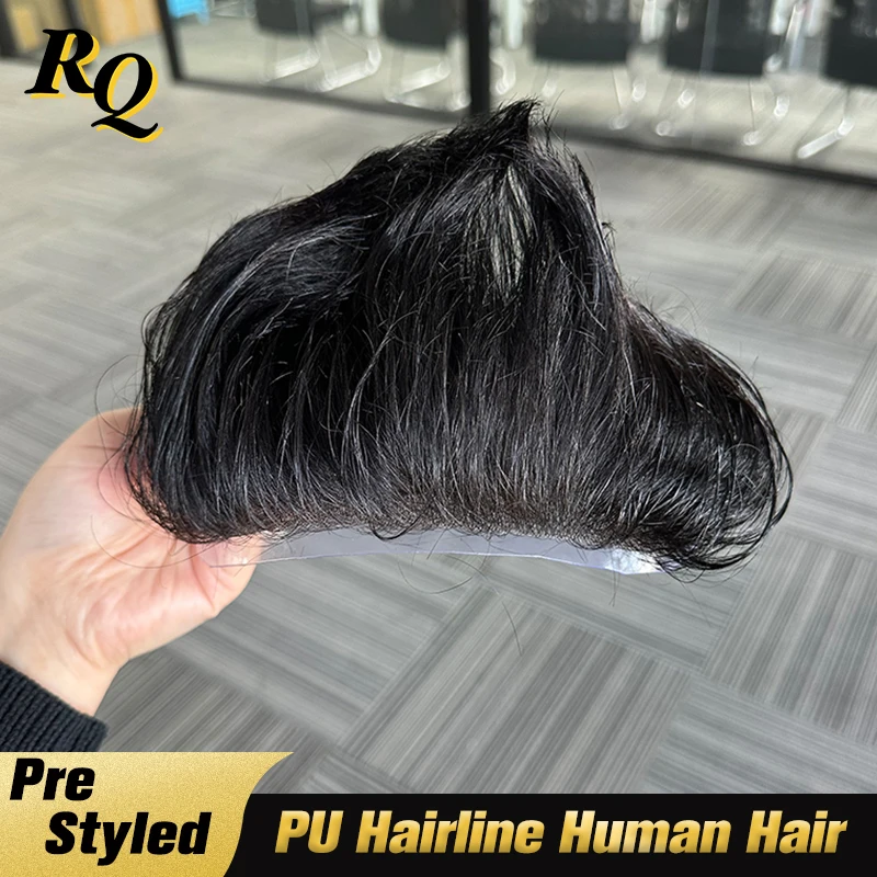 رقيقة الجلد الطابق السفلي قبل تصميم الرجال أمامي الشعر المستعار شعر بشري حقيقي شعري بولي PU الاصطناعية الذكور الجبين الخامس حلقة خط الشعر الأمامي #2